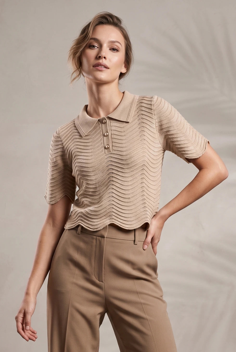 Callie Beige Scallop Fine Knit Button Top