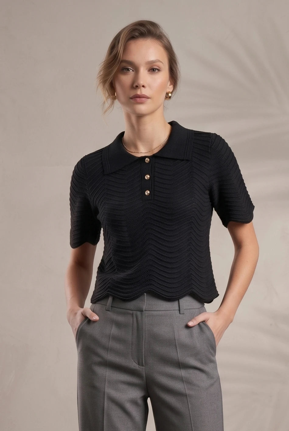 Callie Black Scallop Fine Knit Button Top