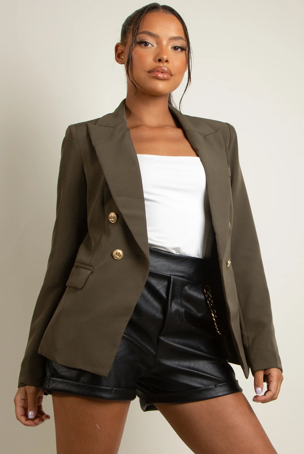 Alena Khaki Gold Button Double Breasted Blazer