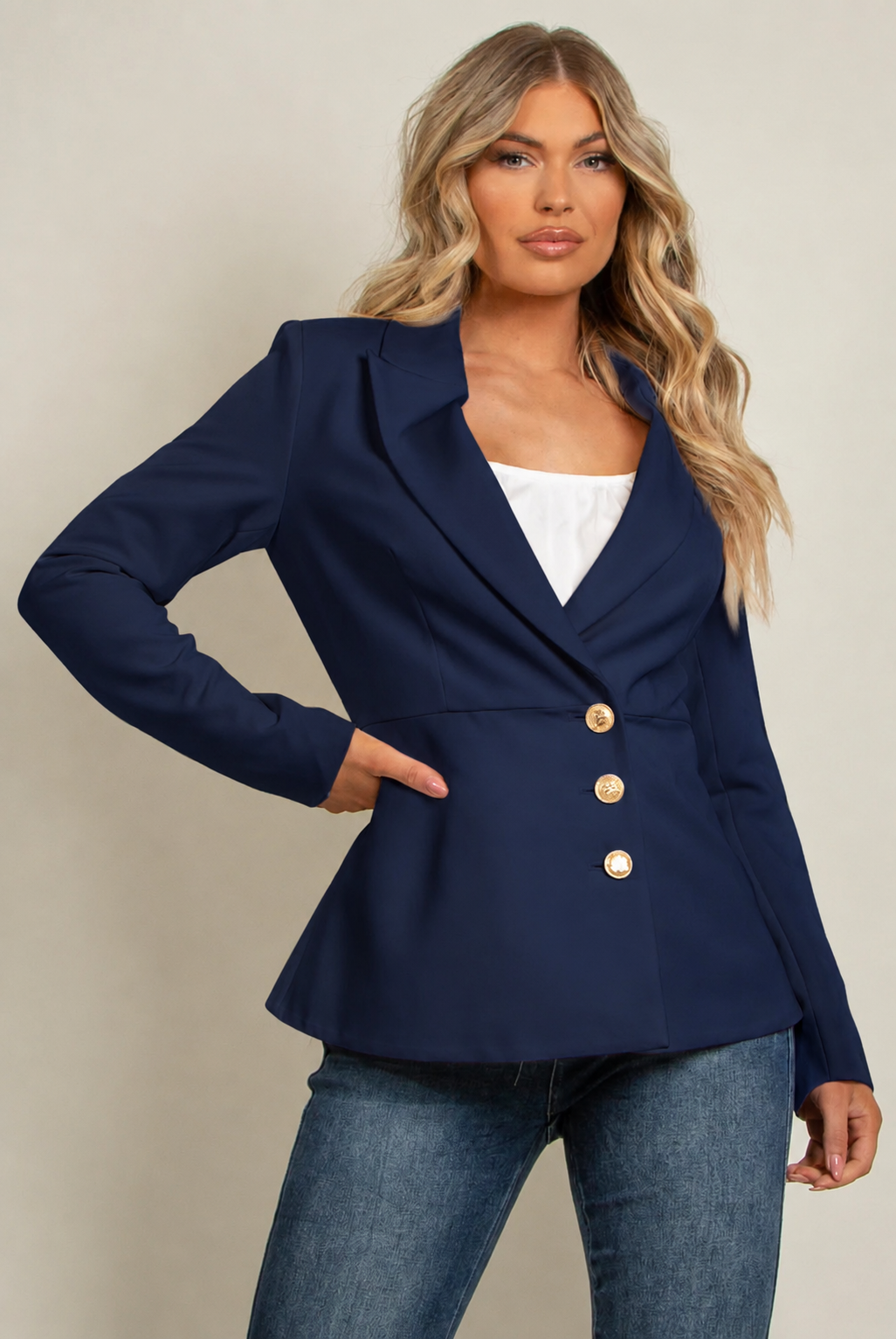Charlotte Navy Structured Blazer With Gold Buttons