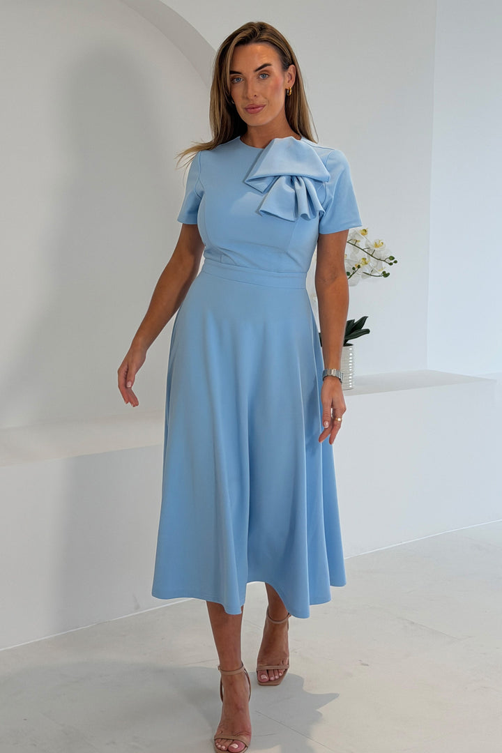 Minta Bow Detail Short Sleeve Midi Dress Sky Blue