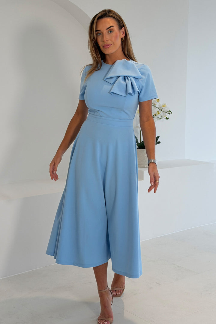 Minta Bow Detail Short Sleeve Midi Dress Sky Blue