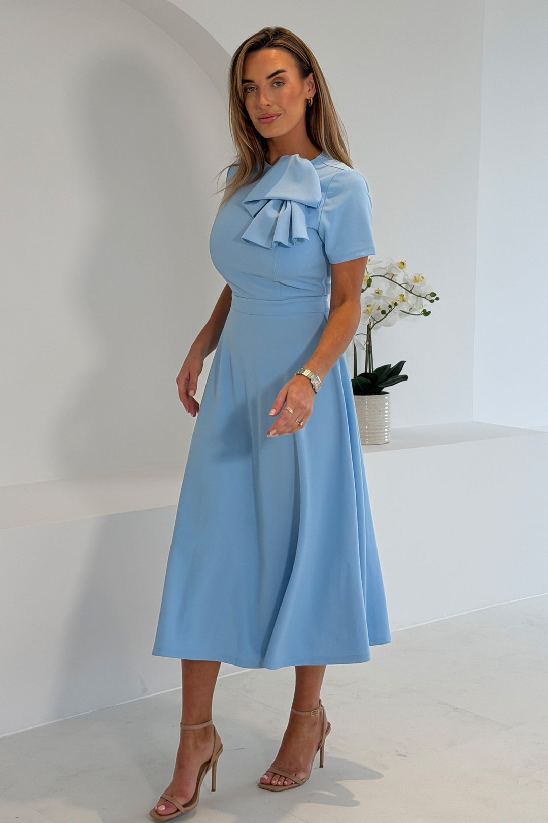 Minta Bow Detail Short Sleeve Midi Dress Sky Blue