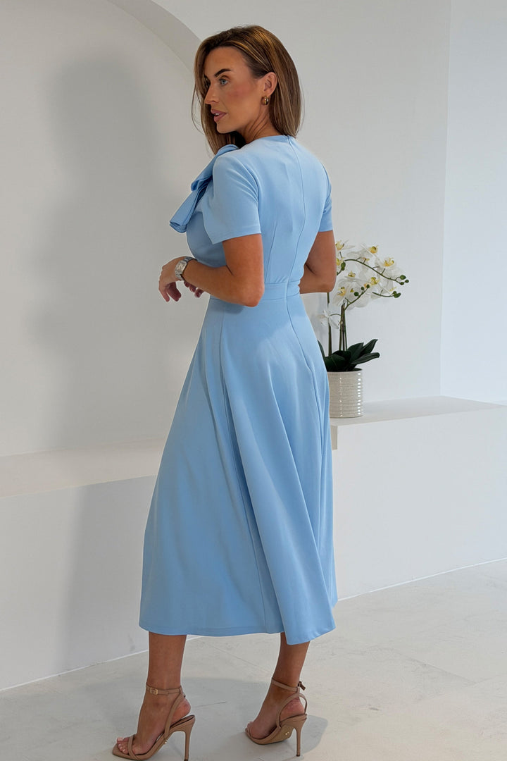 Minta Bow Detail Short Sleeve Midi Dress Sky Blue
