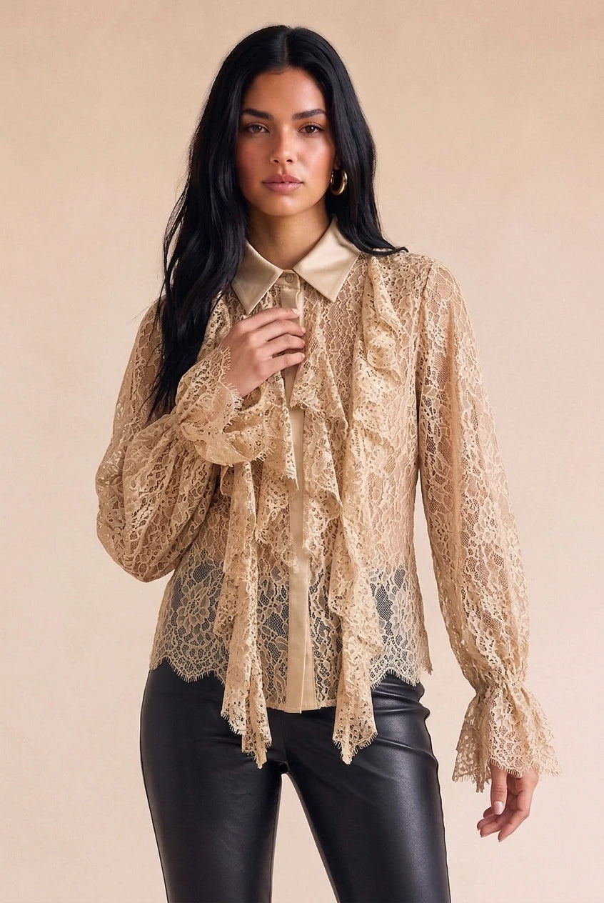 Celeste Beige Lace Ruffle Blouse