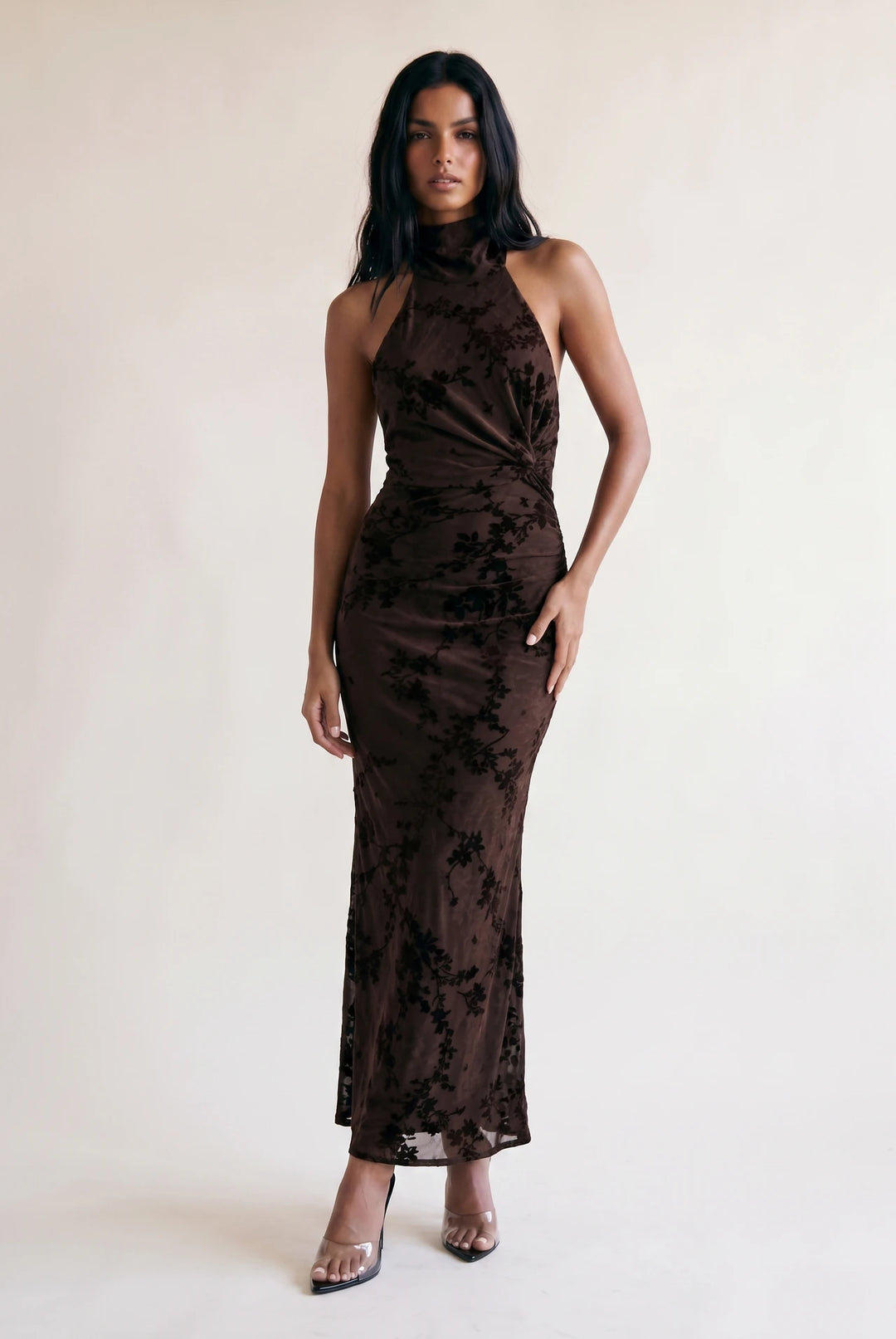Kelly Chocolate Textured Floral Halter-neck Dress