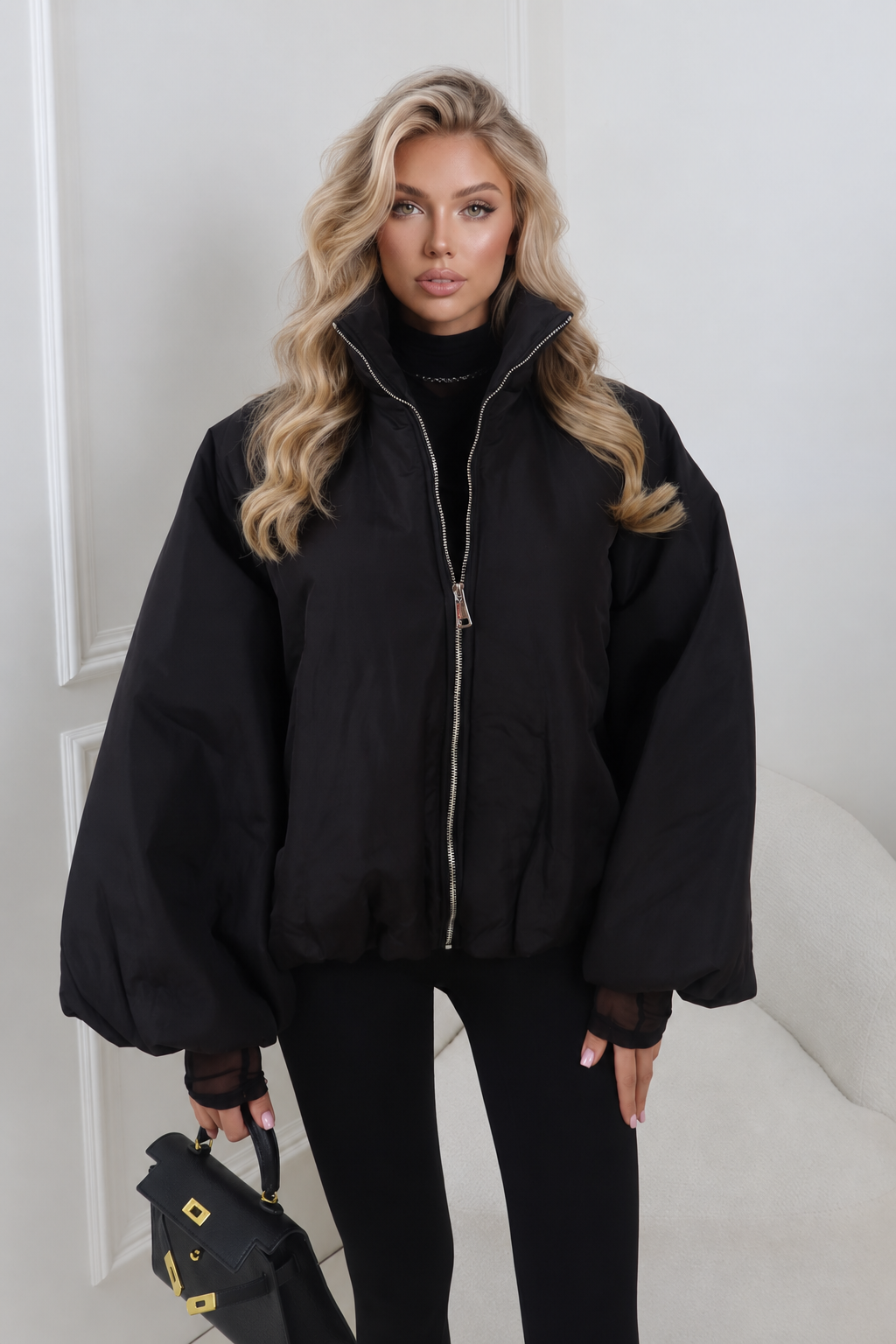 Renae Black Balloon Sleeve Puffer Jacket