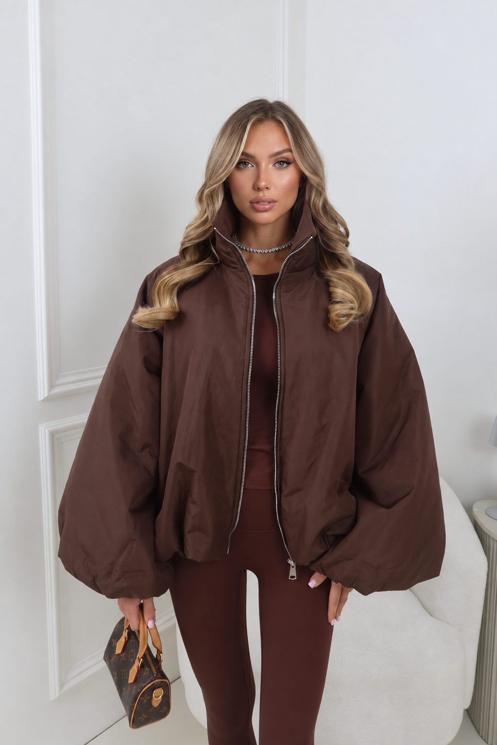 Renae Chocolate Balloon Sleeve Puffer Jacket