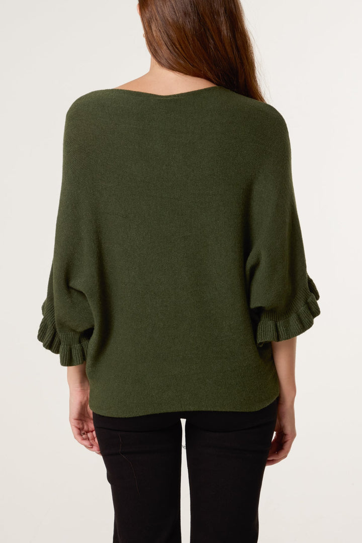 Ester Khaki Ruffle Sleeve Knit Top/Jumper