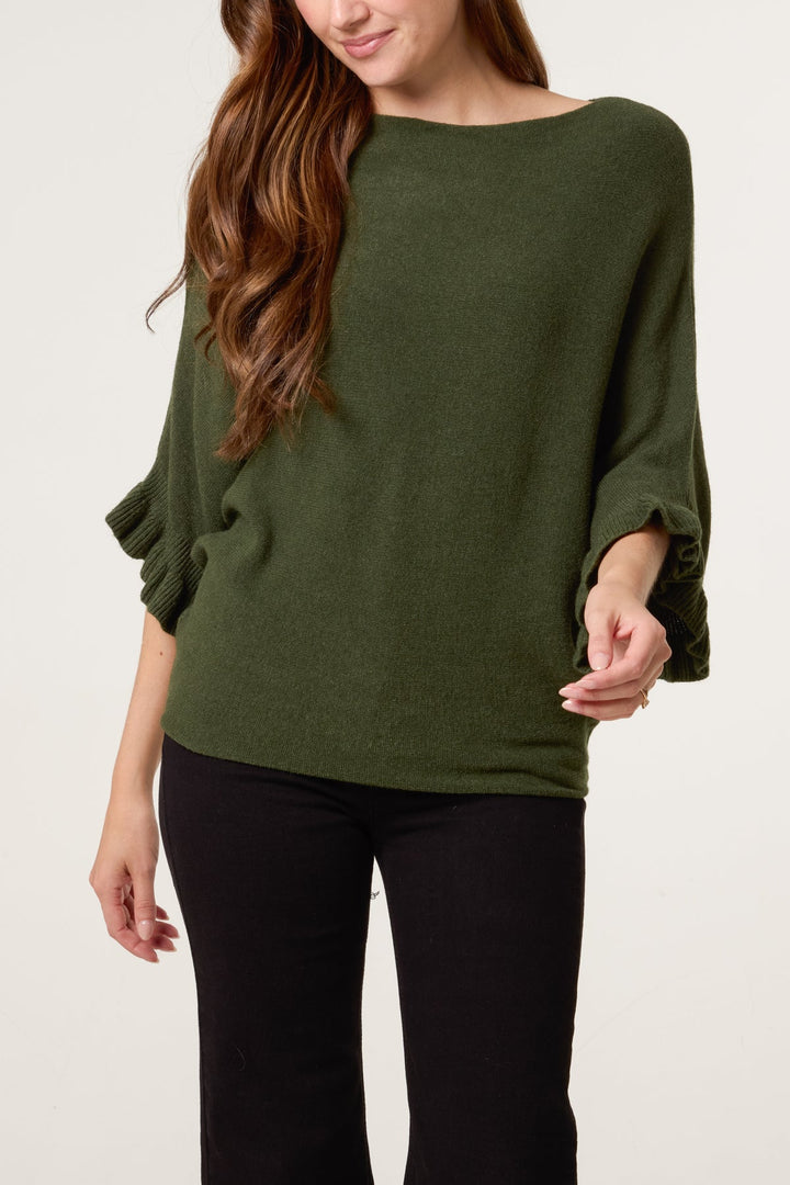 Ester Khaki Ruffle Sleeve Knit Top/Jumper