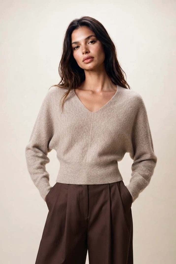 Jenna Beige V Neck Bat Wing Knit Jumper