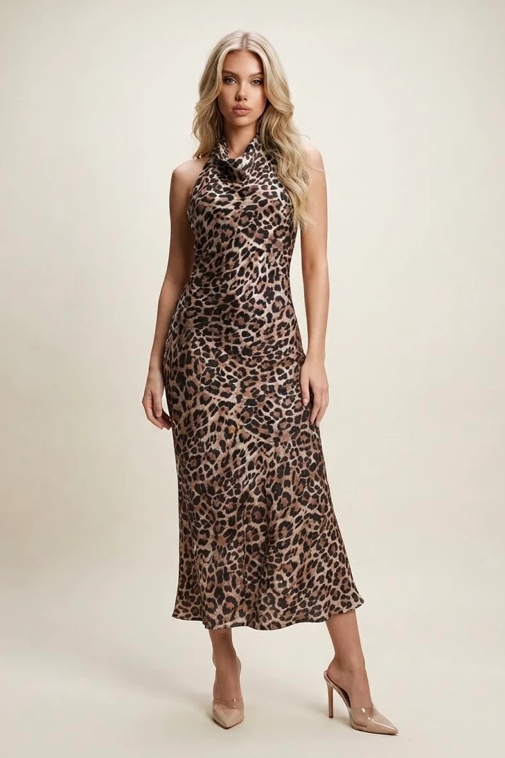 Demi Satin Cowl Neck Leopard Print Dress