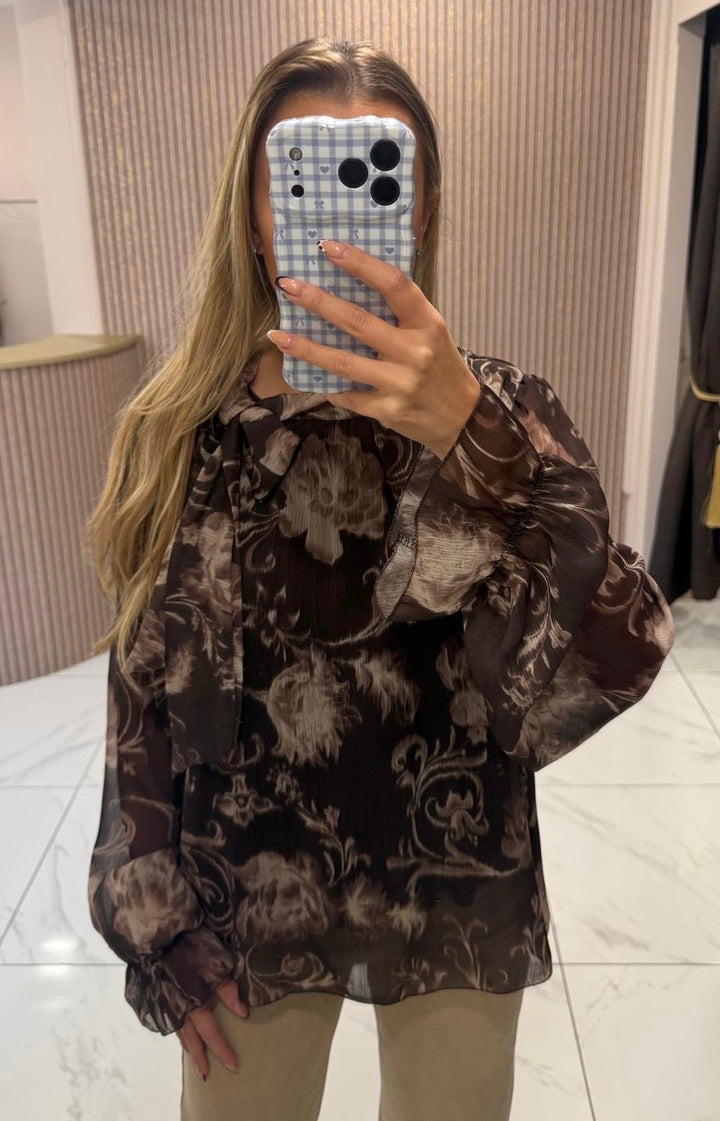 Enya Chocolate Floral Bow Neck Blouse