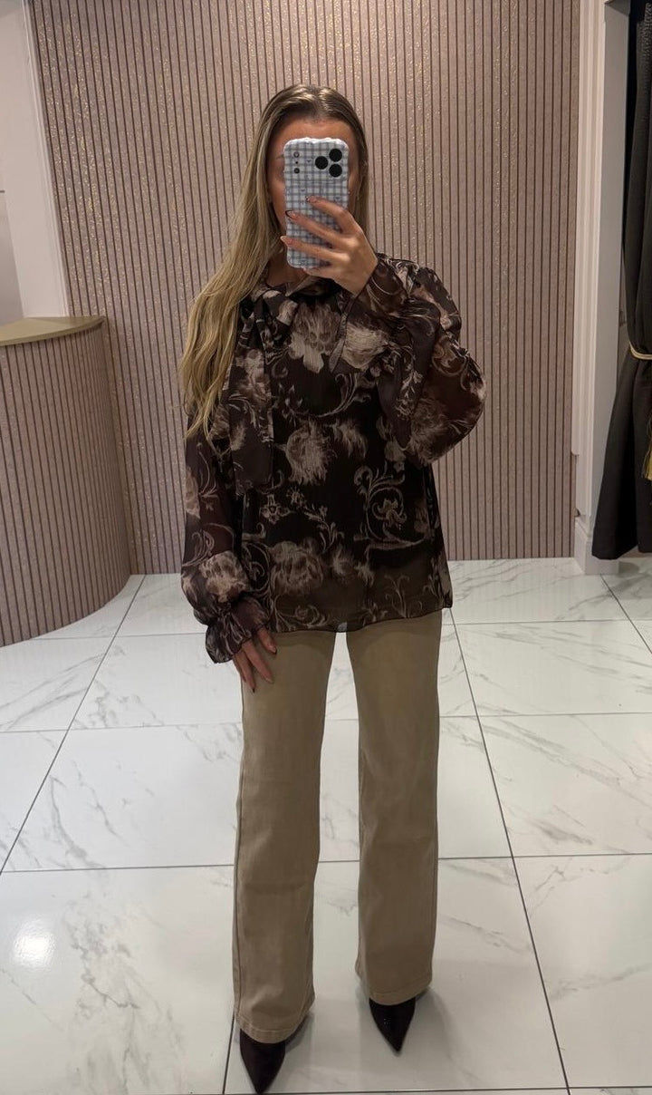Enya Chocolate Floral Bow Neck Blouse