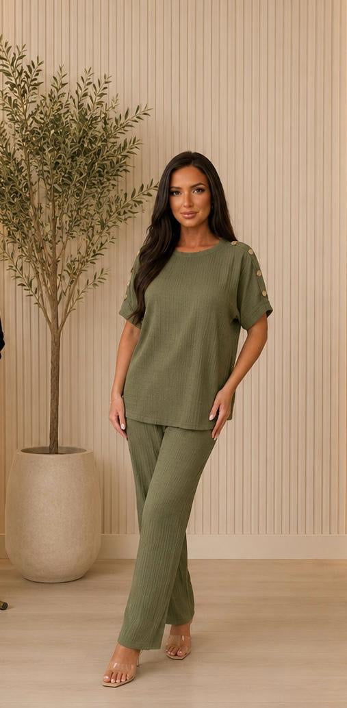 Zara Khaki Waffle Co Ord Set With Gold Button Shoulder Details