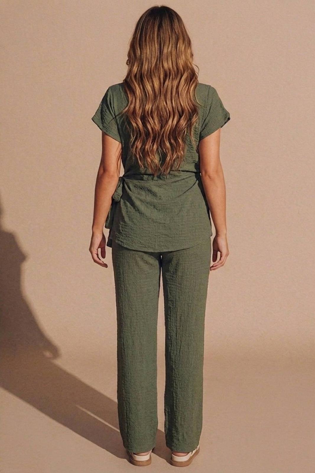 Kaya Khaki Tie Side Waffle Detail Co Ord Set