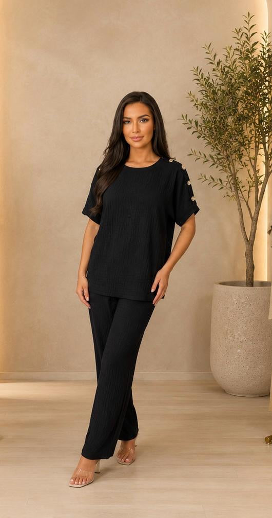 Zara Black Waffle Co Ord Set With Gold Button Shoulder Details