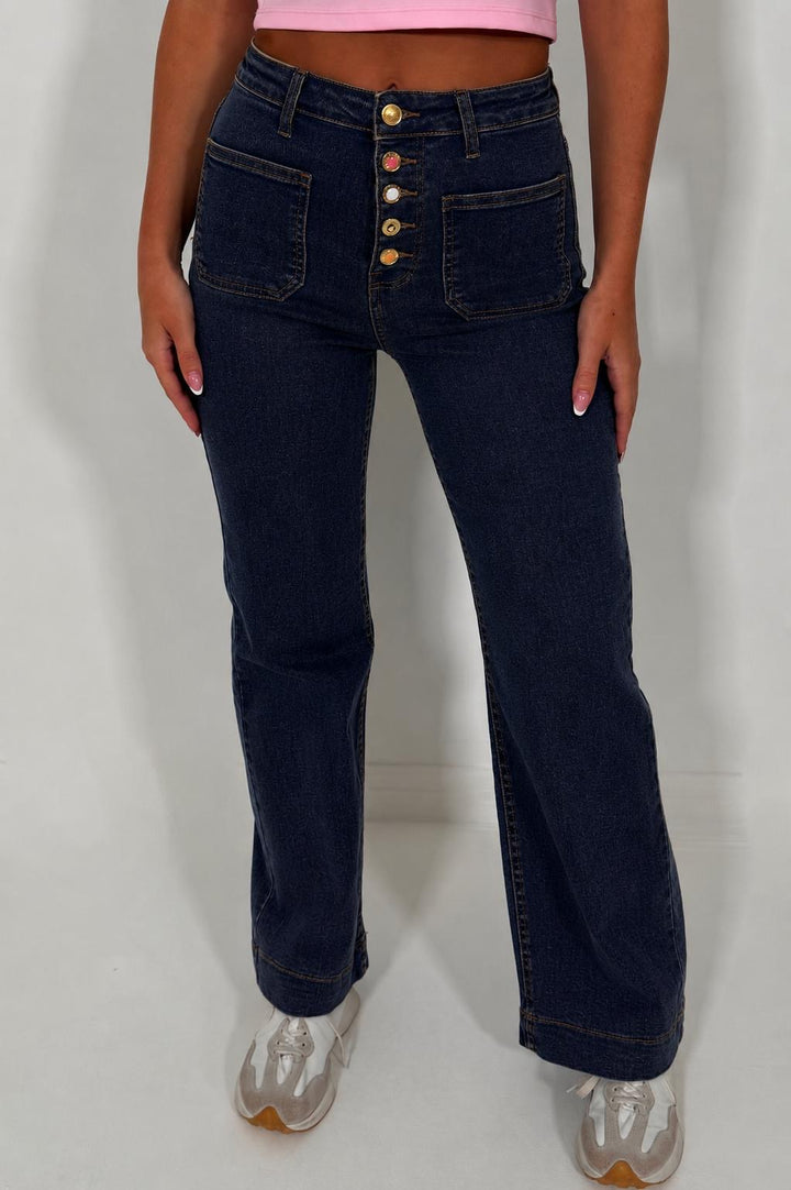 Edi Indigo Blue Button Front Jeans