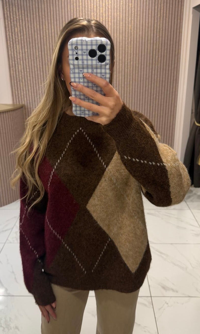 Verity Argyle Fluffy Knit Jumper