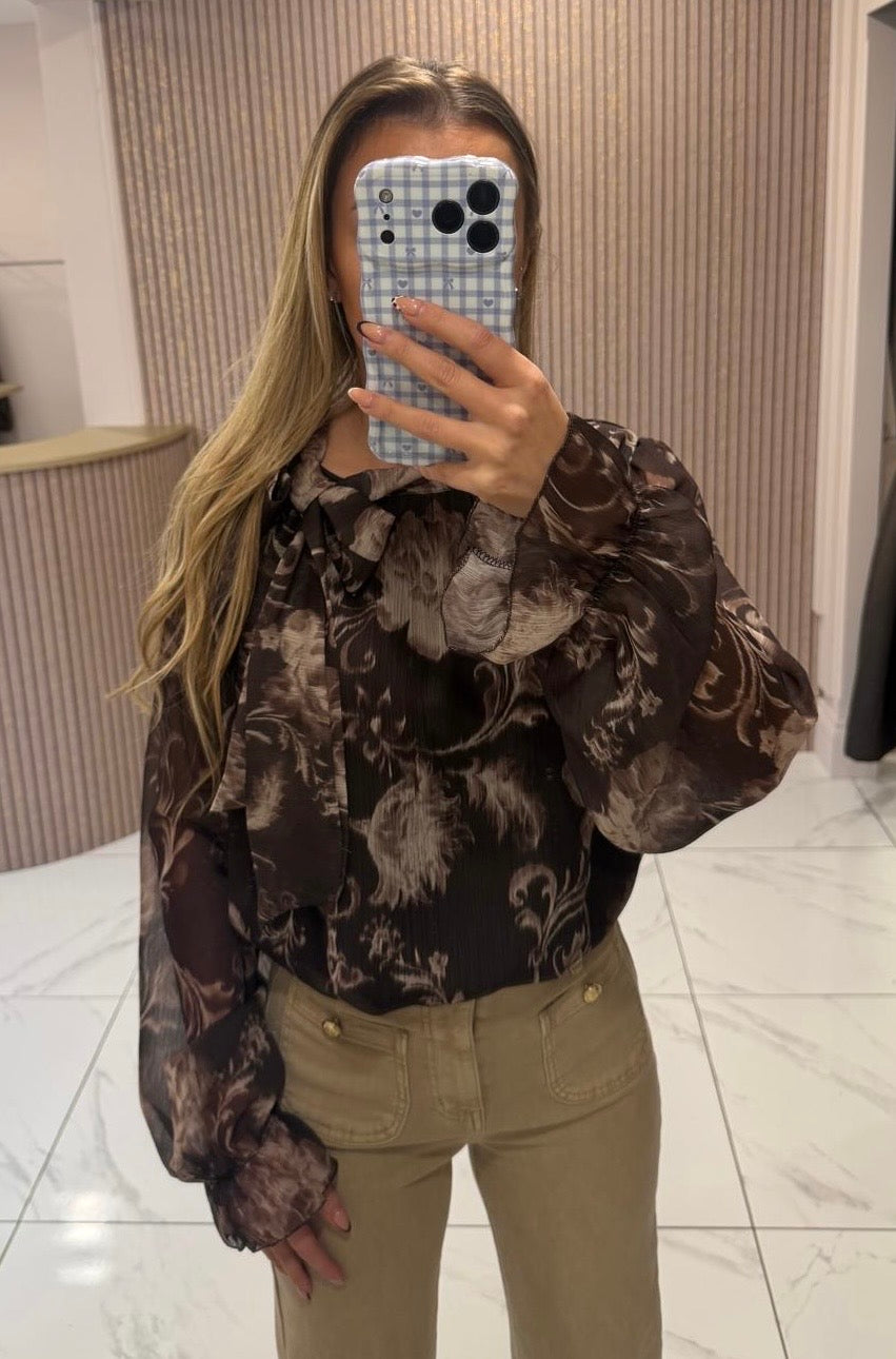 Enya Chocolate Floral Bow Neck Blouse