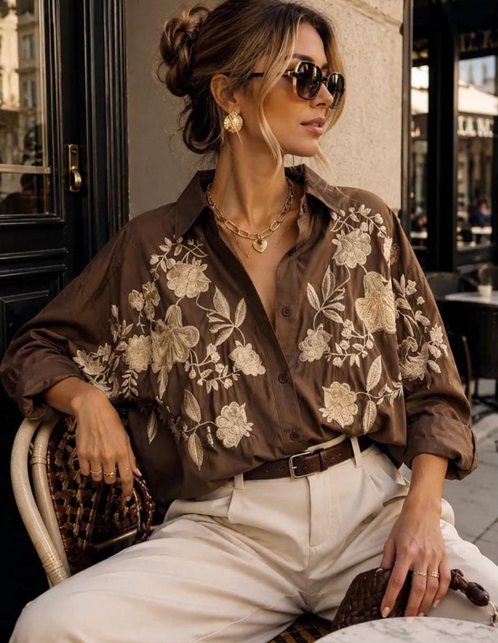 Betsy Chocolate Floral Embroidered Shirt/Blouse