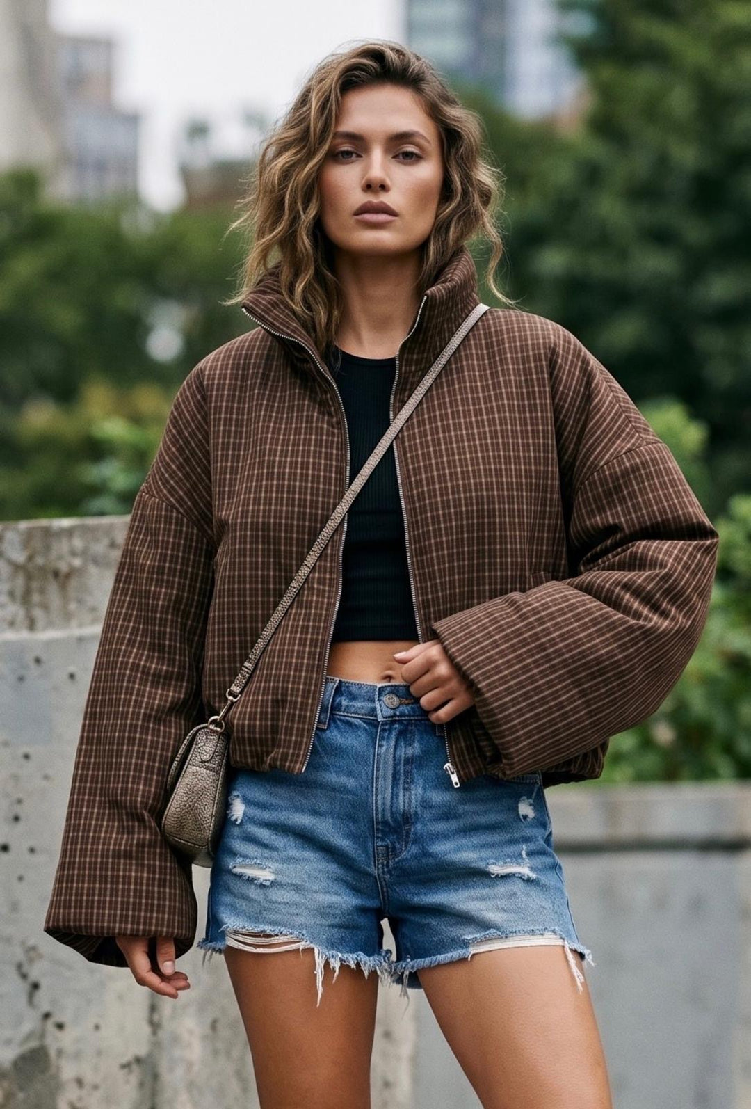 Darcy Chocolate Fine Check Bomber Jacket